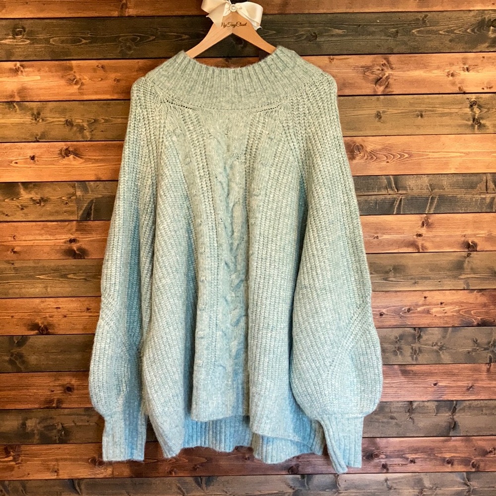Light Green Mock Turtle Neck Heavy  Cable Knit Sweater